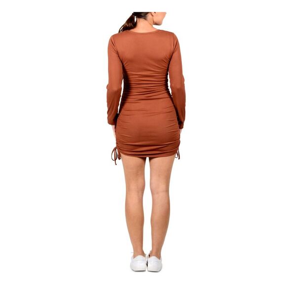 HIPPIE ROSE Womens Brown Long Sleeve Scoop Neck Short Party Body Con Dress XS - Picture 2 of 4
